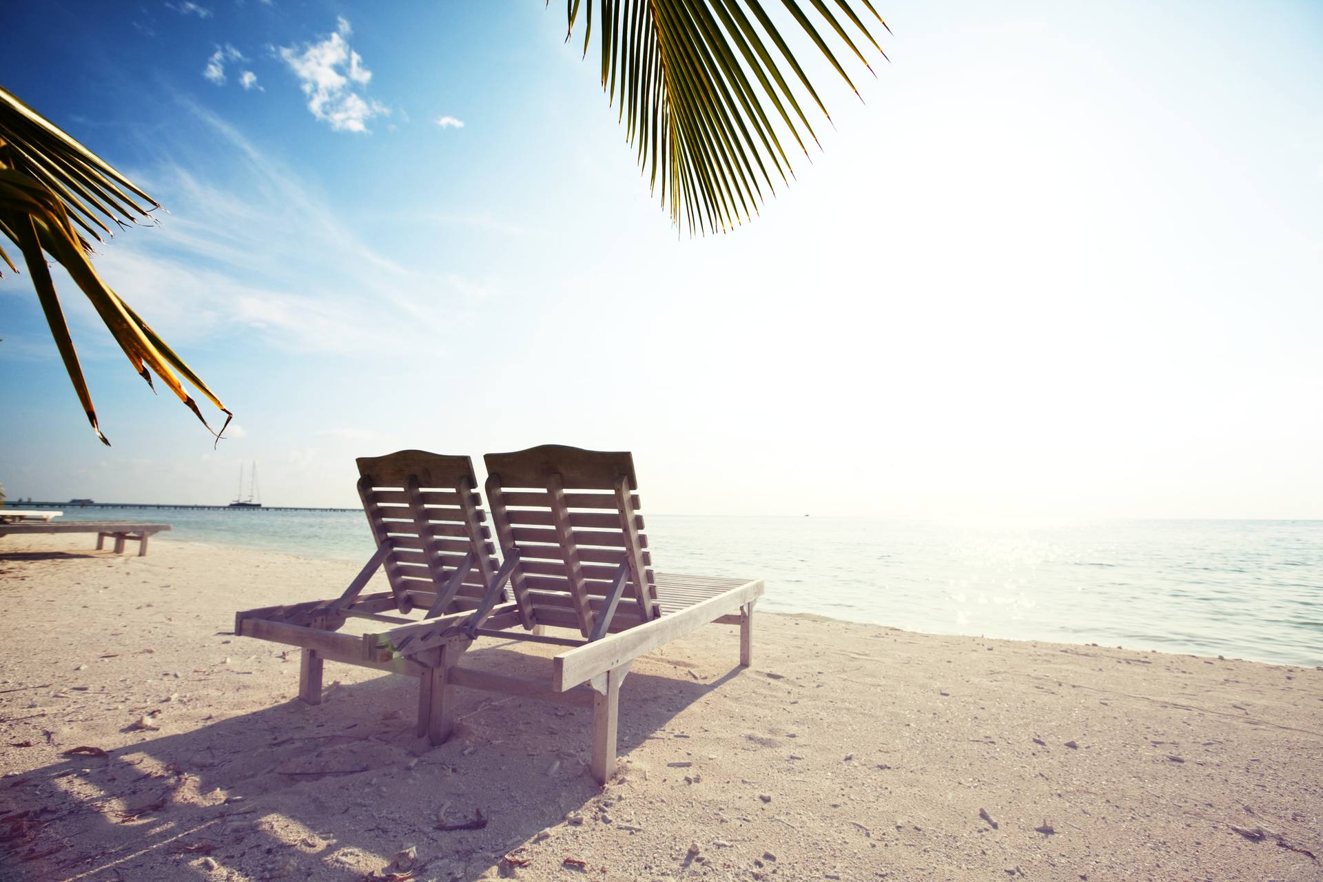 Zwei Liegestühle am Strand unter Palmen